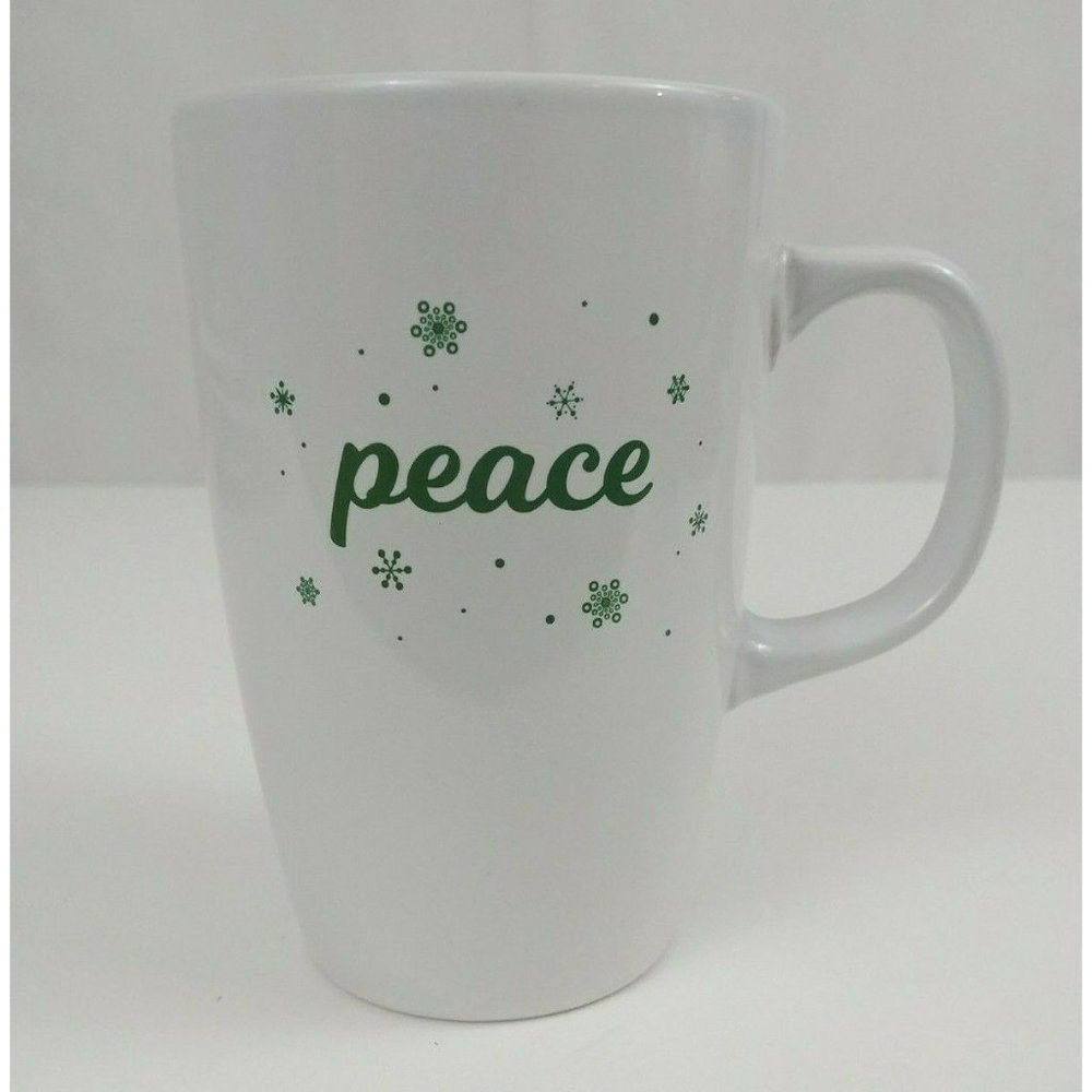 IQ Accessories White 5.25"  Christmas Coffee Cup With Green Peace & Snowflakes